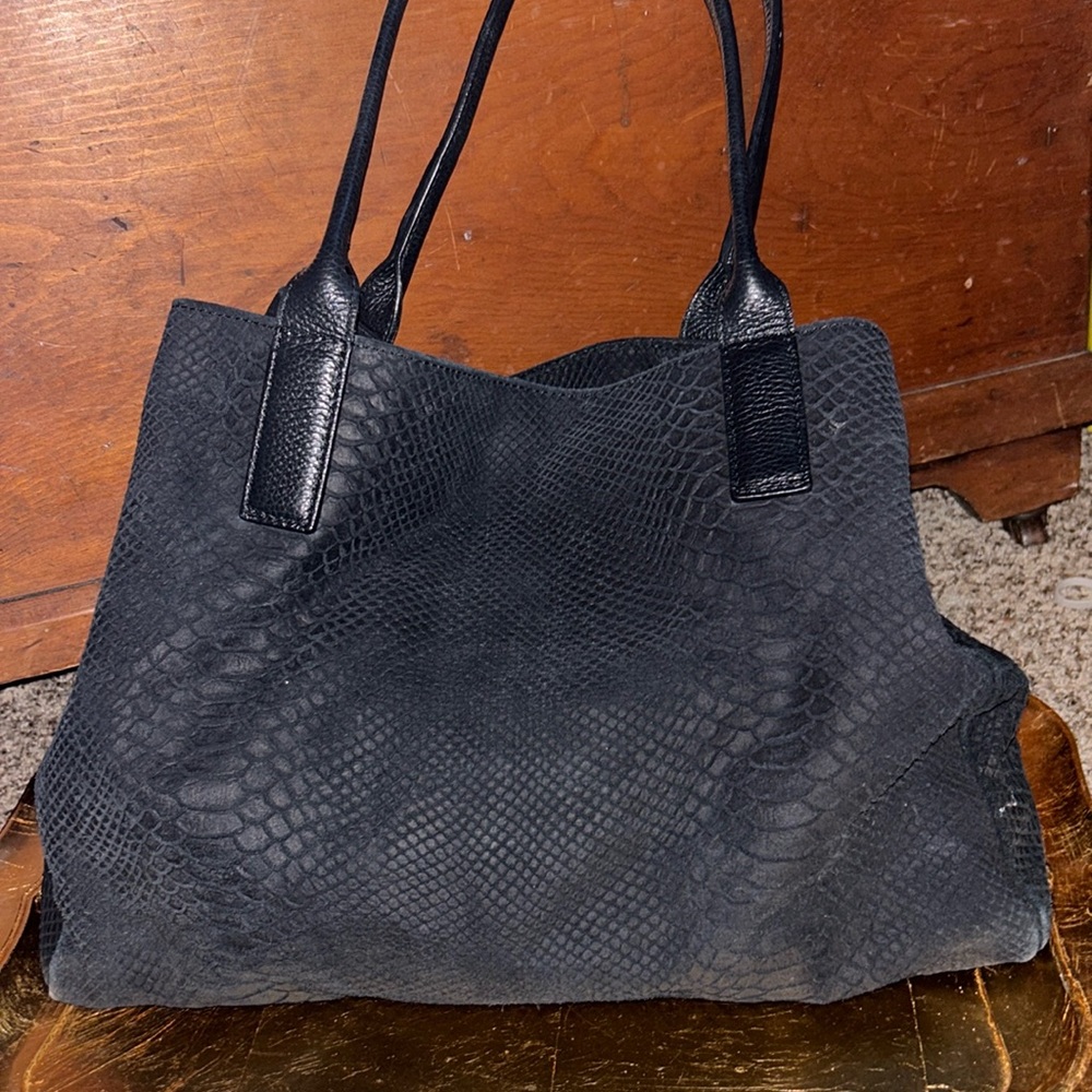 J. Mclaughlin Black Suede Tote | Python Embossed … - image 1